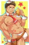  1boy abs aopanda bara bare_chest between_pecs blush briefs brown_hair bulge cheek_bulge chest cowboy_shot detached_collar eating food food_in_mouth food_on_face hamburger hat looking_at_viewer male_focus muscle navel navel_hair necktie nipples original revealing_clothes short_hair short_necktie simple_background solo thick_thighs thighs underwear wrist_cuffs yellow_eyes 