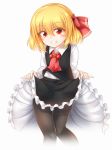  1girl black_legwear black_skirt black_vest blonde_hair frilled_skirt frills grin hair_ribbon highres lifted_by_self long_sleeves m9kndi pantyhose red_eyes ribbon rumia shirt short_hair skirt smile touhou vest white_background white_shirt 