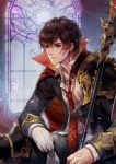  1boy armor brown_hair character_request facial_scar gloves gloves_removed gold_trim male_focus necktie open_clothes open_shirt plaid_neckwear polearm popped_collar red_neckwear scar seven_knights shoulder_armor sitting solo spear weapon white_gloves window winter_(winter168883) 