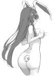  1girl animal_ears ass blush breasts bunny_ears bunny_tail covering covering_breasts covering_nipples deetamu greyscale highres imperishable_night large_breasts long_hair looking_away monochrome moon_rabbit nude reisen_udongein_inaba solo tail thighs touhou 