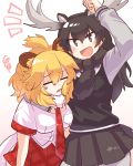  2girls :d absurdres animal_ears antlers arm_around_neck arm_up bangs big_hair black_hair blonde_hair breast_pocket brown_eyes closed_eyes extra_ears eyebrows_visible_through_hair fur_collar fur_scarf furrowed_eyebrows hair_between_eyes head_on_chest highres kemono_friends lion_ears lion_tail long_hair long_sleeves looking_at_viewer medium_hair moose_(kemono_friends) moose_ears moose_tail multiple_girls necktie open_mouth pocket scarf shirt short_sleeves simple_background skirt smile squiggle sweater tail tareme tmtkn1 v-shaped_eyebrows white_background 