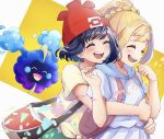  2girls absurdres bag bangs beanie black_hair blonde_hair blush clenched_hand commentary_request cosmog eyelashes gen_7_pokemon gotcha! green_shorts happy hat highres hug hug_from_behind legendary_pokemon lillie_(pokemon) multiple_girls open_mouth pleated_skirt pokemon pokemon_(creature) pokemon_(game) pokemon_sm red_headwear ringomaru selene_(pokemon) shiny shiny_hair shirt short_sleeves shorts shoulder_bag skirt smile teeth tongue yellow_shirt 