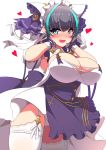  1girl :3 animal_ears aqua_eyes aqua_hair azur_lane blush breasts cat_ears cheshire_(azur_lane) cleavage detached_sleeves eyebrows_visible_through_hair fake_animal_ears fangs frilled_hairband frills garter_straps hairband hands_on_own_face heart highres large_breasts looking_at_viewer maid maid_headdress medium_hair multicolored_hair open_mouth puffy_detached_sleeves puffy_sleeves purple_apron purple_hair sayossa_(pak-front) sidelocks solo streaked_hair thighhighs white_background white_legwear wrist_cuffs 