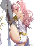  1girl absurdres armlet ass back blush breasts dancer embarrassed fire_emblem fire_emblem_awakening fire_emblem_heroes flexible hairband highres jewelry leg_grab leg_lift leg_up leotard looking_at_viewer medium_breasts nose_blush olivia_(fire_emblem) pink_hair ponytail purple_eyes ritence simple_background solo split standing standing_on_one_leg standing_split stretch sweat thighs wavy_mouth white_background white_leotard 