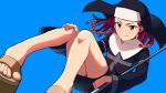  1girl agnese_sanctis blue_background braid brown_eyes closed_mouth commentary_request floating_hair habit light_smile long_hair looking_at_viewer nun red_hair robe sandals sayshownen simple_background solo to_aru_majutsu_no_index toes 