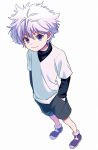  1boy black_shirt black_shorts blue_eyes closed_mouth commentary_request eyebrows_visible_through_hair full_body hair_between_eyes hands_in_pockets hunter_x_hunter killua_zoldyck light_purple_hair long_sleeves looking_at_viewer male_focus messy_hair purple_footwear sayshownen shirt shoes short_hair shorts simple_background smile solo spiked_hair standing t-shirt turtleneck twitter_username watermark white_background white_shirt 
