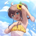  1girl :d ahoge aqua_eyes arm_up armpits bangs bare_arms bare_shoulders bikini bird blue_sky blush cloud commentary_request day eyebrows_visible_through_hair flower hair_flower hair_ornament highres hololive layered_bikini lens_flare long_hair looking_at_viewer muji_(majunduo) natsuiro_matsuri one-piece_tan open_mouth outdoors ponytail sidelocks sky smile solo spread_armpit sunflower_hair_ornament swimsuit tan tanline upper_body virtual_youtuber water_drop yellow_bikini yellow_flower 