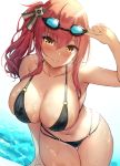  1girl adjusting_goggles azur_lane bangs bikini black_bikini blush breasts cleavage collarbone exe_(xe) goggles goggles_on_head hair_ornament highleg highleg_bikini italian_flag large_breasts long_hair looking_at_viewer multi-strapped_bikini o-ring o-ring_bikini poolside red_hair side_ponytail sidelocks skindentation smile solo swimsuit whistle whistle_around_neck yellow_eyes zara_(azur_lane) zara_(poolside_coincidence)_(azur_lane) 