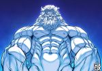  1boy abs aura bara bare_chest beard blue_sclera chest facial_hair fate/grand_order fate_(series) from_below glowing glowing_eyes gradient gradient_background grin hair_intakes highres jamrolypoly long_hair male_focus manly muscle navel nipples nude pale_skin short_hair smile solo upper_body veins white_hair yellow_eyes zeus_(fate/grand_order) 