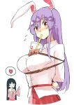  animal_ears bdsm black_hair blush bondage bound bound_wrists breasts bubble_tea_challenge bunny_ears cup deetamu disposable_cup drink drinking drinking_straw embarrassed heart highres houraisan_kaguya imperishable_night large_breasts moon_rabbit object_on_breast purple_hair red_eyes reisen_udongein_inaba rope shirt thumbs_up tied_up touhou white_shirt 