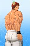  1boy animal_ears ass bara bare_chest brown_hair bulge chest cow_ears facial_hair forked_eyebrows glowing_horns goatee horns male_focus muscle nipples rugby_uniform shirtless short_hair solo sportswear thick_eyebrows thick_thighs thighs tight tokyo_houkago_summoners vatto_(1997522adachi) wakan_tanka wristband 