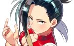  1girl black_hair blue_eyes bodysuit boku_no_hero_academia breasts center_opening cleavage closed_mouth commentary_request expressionless forehead hair_pulled_back long_hair looking_at_viewer ponytail red_bodysuit sayshownen shiny shiny_hair simple_background solo upper_body white_background yaoyorozu_momo 