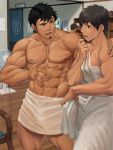  2boys abs bara bare_chest black_eyes black_hair bulge changing_room chest dainyuu_(dgls) facial_hair feet_out_of_frame goatee hand_on_another&#039;s_shoulder male_focus multiple_boys muscle naked_towel navel nipples original short_hair sideburns thick_thighs thighs towel 