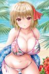  1girl :o akino_irori arms_behind_back bangs beach bikini blonde_hair blush breasts brown_eyes cleavage cloud collarbone commentary_request contrapposto cowboy_shot day floral_print flower hair_ribbon highres innertube large_breasts looking_at_viewer medium_hair o-ring o-ring_top oppai_loli palm_leaf parted_lips red_ribbon ribbon rumia shore side-tie_bottom sky solo swimsuit touhou water 