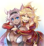  2girls ^_^ animal_ears bandeau blonde_hair blue_eyes breasts caenis_(fate) cleavage closed_eyes commentary_request dark_skin dated detached_sleeves elbow_gloves fate/grand_order fate_(series) gloves gradient gradient_background hair_intakes hair_ornament hair_scrunchie headband hisahiko hug large_breasts mordred_(fate) mordred_(fate)_(all) multiple_girls open_mouth ponytail red_scrunchie scrunchie signature smile sweatdrop white_hair 