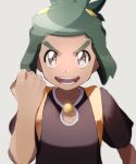  1boy clenched_hand commentary_request dark_skin green_hair grey_background grey_eyes hair_ornament hand_up hau_(pokemon) highres male_focus omiya599 open_mouth pokemon pokemon_(game) pokemon_sm shirt short_sleeves solo teeth tongue upper_body 