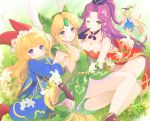  4girls angela_(seiken_densetsu_3) arm_holding bare_arms bare_shoulders barefoot blonde_hair blue_eyes breasts charlotte_(seiken_densetsu_3) cleavage closed_eyes curly_hair dress eyebrows_visible_through_hair faerie_(seiken_densetsu_3) fairy fairy_wings feathers finger_to_mouth flower forehead_jewel frilled_skirt frills gold_trim grass green_eyes hair_feathers hair_flower hair_intakes hair_ornament highres kkokko leotard long_hair looking_at_viewer medium_breasts multiple_girls one_eye_closed open_mouth panties pantyshot ponytail purple_eyes purple_hair riesz seiken_densetsu seiken_densetsu_3 shoulder_plates sidelocks skirt smile strapless strapless_dress strapless_leotard underwear very_long_hair wings 