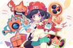  1girl beanie black_hair blush closed_mouth commentary_request cowboy_shot gen_4_pokemon green_shorts grey_eyes hat holding_strap looking_at_viewer pokemon pokemon_(creature) pokemon_(game) pokemon_sm red_headwear rotom rotom_(fan) rotom_(frost) rotom_(heat) rotom_(mow) rotom_(normal) rotom_(wash) rotom_dex selene_(pokemon) shirt shorts takashino_(noni-nani) tied_shirt wavy_mouth 