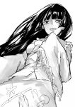  1girl black_hair collared_shirt deetamu dress frilled_dress frills greyscale highres hime_cut houraisan_kaguya imperishable_night japanese_clothes long_hair long_sleeves looking_at_viewer monochrome open_mouth scowl shirt touhou uneven_eyes very_long_hair wide_sleeves 