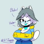  1:1 anthro big_breasts black_collar black_eyes blue_blush blue_tongue blush bottomwear breasts cleavage clothed clothing collar curvy_figure denim denim_clothing dialogue digital_media_(artwork) english_text eyelashes_visible_through_hair female fur grey_background grey_hair h_s_temmie hair hi_res huge_breasts humanoid inner_ear_fluff jeans looking_at_viewer mammal onomatopoeia pants pattern_clothing pattern_shirt pattern_topwear shirt signature simple_background solo solo_focus sound_effects striped_clothing striped_shirt striped_topwear stripes stripped_shirt temmie_(undertale) text thick_thighs tongue tongue_out topwear tuft undertale video_games voluptuous white_body white_fur white_tail wide_hips 