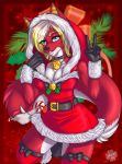  absurd_res anthro ariveil bell blonde_hair blue_eyes breasts candy canid canine clothing collar costume female fluffy fluffy_tail food fox fur hair hi_res mammal multicolored_body multicolored_fur open_mouth open_smile red_body red_fur santa_costume smile solo teeth two_tone_body two_tone_fur white_body white_fur 
