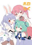  3girls :d animal_ear_fluff animal_ears blue_hair blush bow braid breasts brooch brown_legwear bunny_ears cleavage commentary_request detached_sleeves don-chan_(usada_pekora) double_bun eyebrows_visible_through_hair flat_chest gloves grey_hair hair_bow hair_ornament heterochromia highres hololive houshou_marine jewelry looking_at_viewer maitou medium_breasts multicolored_hair multiple_girls one_eye_closed open_mouth pantyhose red_eyes red_hair short_hair simple_background skull_hair_ornament smile twin_braids twintails two-tone_hair uruha_rushia usada_pekora v virtual_youtuber white_background white_bow white_gloves yellow_eyes 