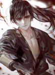  1boy amputee black_eyes black_hair blood dororo_(tezuka) hyakkimaru_(dororo) japanese_clothes long_hair looking_at_viewer male_focus ponytail prosthesis prosthetic_weapon reagan_kim simple_background solo upper_body white_background 