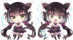  1girl :o @_@ animal_ear_fluff animal_ears bangs bare_shoulders black_hair black_legwear blue_sleeves blush bow cat_ears cat_girl cat_tail chibi commentary_request detached_sleeves eyebrows_visible_through_hair fang frilled_skirt frills green_eyes grey_hair hair_between_eyes hair_bow ichiyou_moka karyl_(princess_connect!) long_hair long_sleeves looking_at_viewer low_twintails multicolored_hair multiple_views no_shoes open_mouth princess_connect! princess_connect!_re:dive purple_bow purple_skirt shirt simple_background skirt sleeveless sleeveless_shirt sleeves_past_wrists streaked_hair tail tears thighhighs translation_request trembling twintails v-shaped_eyebrows very_long_hair white_background white_shirt 