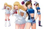  2girls absurdres blonde_hair blue_eyes boots breasts brown_hair cirenk commission dress fingerless_gloves frills gloves highres kazama_asuka knee_boots large_breasts lili_(tekken) long_hair looking_at_viewer multiple_girls short_hair shorts skirt smile tekken 