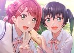  2girls :d bangs food green_eyes hair_bun hair_ornament hairclip holding holding_food looking_at_viewer love_live! love_live!_nijigasaki_high_school_idol_club multiple_girls open_mouth pink_neckwear pink_ribbon red_hair ribbon sandwich shamakho shirt short_hair smile takasaki_yuu teeth twintails uehara_ayumu upper_body upper_teeth v white_shirt 