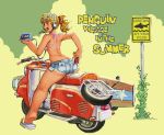  1girl ass bikini bikini_top blonde_hair blue_eyes cassette_player cassette_tape denim denim_shorts dr._slump facing_away ground_vehicle headphones kimidori_akane looking_at_viewer motor_vehicle mouth_hold ponytail ramb_chop scooter shorts solo swimsuit walkman 