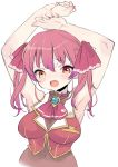  1girl :o armpits arms_up blush breasts brooch covered_navel cravat cropped_torso fang heterochromia highres hololive houshou_marine jewelry large_breasts long_hair maitou red_eyes red_hair simple_background solo twintails white_background yellow_eyes 