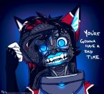  android anthro ara big_ears black_body black_fur blue_glow creepy english_text female fluff-kevlar fur machine nightmare_fuel red_body red_fur robot skin_ripping solo teeth text 