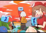  1boy 1girl backpack bag bandana brendan_(pokemon) brown_hair evening fingerless_gloves fish fish_tank gen_1_pokemon gen_3_pokemon gloves highres may_(pokemon) oddish op_na_yarou orange_sky pokemon pokemon_(game) pokemon_rse short_sleeves sitting sky sunset 