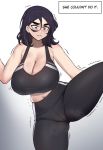  1girl bare_shoulders breasts cleavage curvy english_commentary english_text hair_between_eyes large_breasts leg_lift leg_up medium_hair midriff navel original pants roresu split sports_bra standing standing_on_one_leg standing_split stretch trembling yoga_pants 