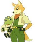  2019 absurd_res alpha_channel amphibian anthro bandanna belt bottomwear canid canine carrying cheek_tuft clothing eyebrows facial_tuft fingers fox fox_mccloud freckles frog fruitcombo fur game_console gloves green_body handwear head_tuft hi_res jacket kerchief looking_down male mammal nintendo open_mouth orange_body orange_fur pants shirt size_difference slippy_toad standing star_fox toad_(frog) topwear tuft video_games white_body white_fur 