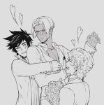 3boys bangs black_sclera blush bouquet closed_eyes collared_shirt contemporary curly_hair dark_skin dark_skinned_male flower greyscale hades_(game) heart hug hug_from_behind hypnos_(hades) male_focus monochrome multiple_boys open_clothes open_mouth open_shirt parted_bangs rose shirt smile spiked_hair thanatos_(hades) winter_(winter168883) zagreus 