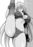  ass bikini blush breasts cropped_jacket fate/grand_order fate_(series) gloves greyscale highres ijima_yuu jeanne_d&#039;arc_(alter)_(fate) jeanne_d&#039;arc_(alter_swimsuit_berserker) jeanne_d&#039;arc_(fate)_(all) large_breasts midriff monochrome navel panties split standing standing_on_one_leg standing_split swimsuit thick_thighs thighhighs thighs trembling underwear white_hair 
