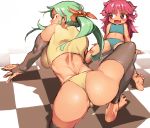  2girls ass barefoot breasts bridal_gauntlets cameltoe commission elbow_gloves gloves green_hair looking_at_viewer midriff multiple_girls original pink_eyes pink_hair ponytail skeb_commission soles thighhighs thong ysk! 