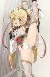  1girl ahoge andira_(granblue_fantasy) animal_ears ass_visible_through_thighs bangs bare_shoulders black_sleeves blonde_hair blush bow breasts brown_eyes cameltoe collarbone commentary_request covered_nipples detached_leggings detached_sleeves door erune eyebrows_visible_through_hair fang fur-trimmed_legwear fur-trimmed_sleeves fur_trim granblue_fantasy hair_between_eyes hand_on_own_leg highres leg_lift leg_up leotard long_sleeves momio monkey_ears open_mouth petite ribbon see-through sideboob sleeves_past_wrists small_breasts solo sparkle split standing standing_on_one_leg standing_split striped striped_bow thighhighs two_side_up white_legwear white_leotard white_sleeves wide_sleeves 