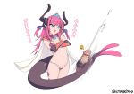  1girl absurdres armor bangs bikini bikini_armor blue_eyes blue_ribbon cape cromachina crossed_arms cum curled_horns disembodied_penis dragon_girl dragon_horns dragon_tail ejaculation elbow_gloves elizabeth_bathory_(brave)_(fate) elizabeth_bathory_(fate)_(all) emoji eyebrows_visible_through_hair fang fate/grand_order fate_(series) gem gloves hair_ribbon hetero highres horns long_hair micro_bikini navel oversized_clothes penis pink_gloves pink_hair pointy_ears red_bikini ribbon shoulder_armor simple_background smug solo stomach string_bikini swimsuit tail tailjob tiara twitter_username two_side_up uncensored white_background white_cape 