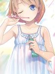  1girl absurdres blue_eyes brown_hair brushing_teeth collarbone cup eyebrows_visible_through_hair highres holding holding_toothbrush one_eye_closed original pop_(electromagneticwave) short_hair sleeveless solo toothbrush toothpaste upper_body 