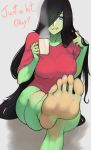  1girl barefoot black_hair blue_eyes breasts coffee_mug cup english_text feet female_orc green_skin grey_background hair_over_one_eye hair_twirling highres large_breasts lips long_hair looking_at_viewer mole mole_under_eye mug nina_(scathegrapes) orc original playing_with_own_hair pov_feet red_shirt scathegrapes shirt soles solo t-shirt toenail_polish toes tusks very_long_hair 