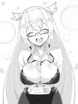  1girl :d ash_arms b-kyuu_ocha bangs between_breasts bra breast_hold breasts business_card closed_eyes commentary dress_shirt eyebrows_visible_through_hair glasses greyscale hair_wings halftone high-waist_skirt highres holding id_card lace lace_bra lanyard large_breasts leaning_forward long_hair long_sleeves looking_at_viewer m26_pershing_(ash_arms) monochrome office_lady open_mouth partially_unbuttoned pencil_skirt semi-rimless_eyewear shirt skirt smile solo standing under-rim_eyewear underwear very_long_hair 