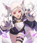  1girl alternate_costume animal_ears cape claws fangs fire_emblem fire_emblem_awakening fire_emblem_heroes fur_trim gloves grima_(fire_emblem) halloween_costume highres itou_(very_ito) looking_at_viewer open_mouth paw_gloves paws red_eyes short_shorts shorts silver_hair solo tail wolf_ears wolf_tail 