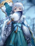  1girl bangs blue_bow blue_eyes blue_hakama blurry blurry_background bow cloak commentary_request covered_mouth depth_of_field eyebrows_visible_through_hair fan floating_hair fur-trimmed_cloak fur_trim hair_between_eyes hair_ornament hakama holding holding_fan honkai_(series) honkai_impact_3rd japanese_clothes kimono long_hair long_sleeves looking_at_viewer lunacle outdoors silver_hair snowing solo standing theresa_apocalypse white_cloak white_kimono wide_sleeves 