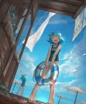  2girls :d akari_(shichigatsu) beach beach_umbrella blue_hair blue_sky blue_swimsuit closed_eyes cloud cloudy_sky day facing_viewer green_hair hand_up highres holding_lifebuoy lifebuoy multiple_girls name_tag night one-piece_swimsuit open_mouth original outdoors school_swimsuit shichigatsu short_hair sky smile sou_(shichigatsu) stretch swimsuit umbrella 