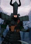  1boy armor axe beard clenched_hand dated facial_hair holding holding_axe holster horned_headwear japanese_armor male_focus outdoors samurai_jack samurai_jack_(character) shoulder_armor standing wugedou 