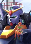  1girl close-up elpeo_puru gacha-m green_eyes gundam gundam_mk_ii gundam_zz looking_at_viewer mecha navel orange_hair purple_eyes short_hair sitting smile v-fin 