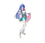  1girl absurdres ankle_boots armor artist_request bangs belt blue_eyes blue_hair blush boots breastplate caeda_(fire_emblem) cape closed_mouth commentary_request dress elbow_gloves feather_trim fire_emblem fire_emblem:_mystery_of_the_emblem fire_emblem_heroes full_body gloves highres holding long_hair looking_at_viewer multiple_belts official_art pink_cape short_dress shoulder_armor simple_background smile solo standing thighhighs white_background white_legwear zettai_ryouiki 